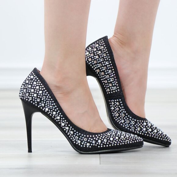 Sparkly Diamond Rhinestone Glitter  Black Pointy Toe Needle High Heel Stiletto - Picture 2 of 15